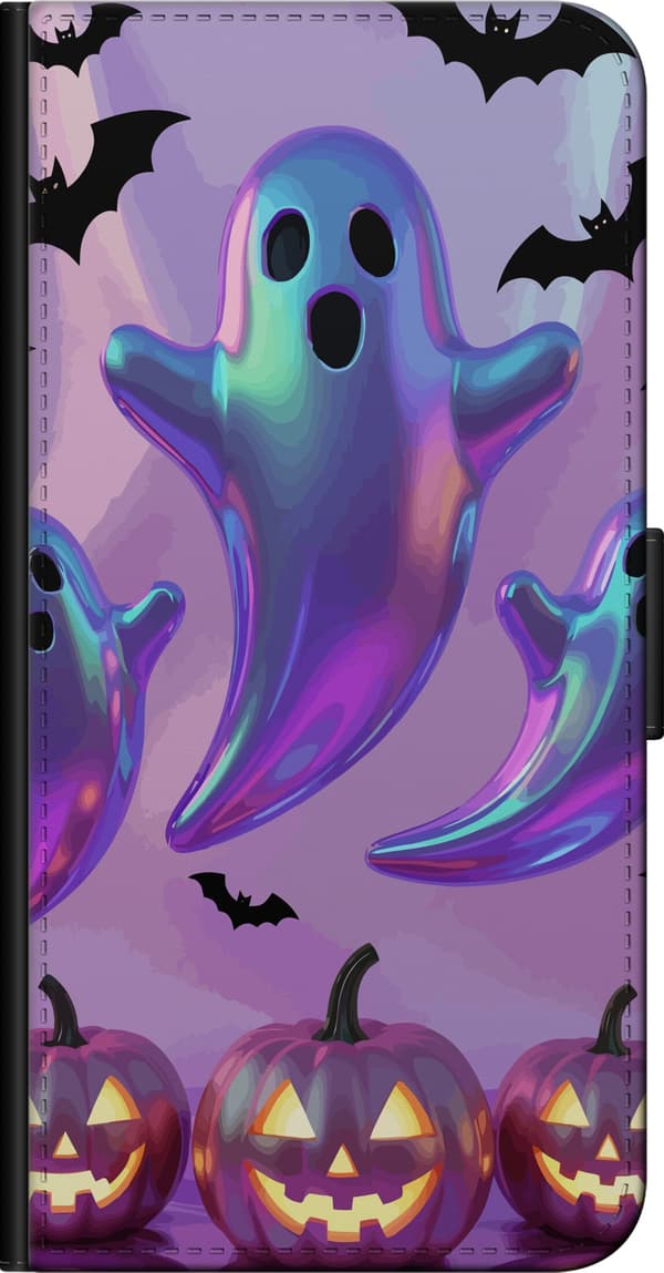 Kompatibel Tegnebogsetui til OnePlus 9 Pro Blå, lilla og lyserøde spøgelser over græskarlygter mod lilla baggrund lilla