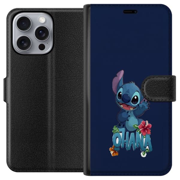 Kompatibel Tegnebogsetui til Apple iPhone 16 Pro Max Charmerende blå tegnet figur, der vinker over teksten og tropiske hibiscusblomster mod en mørkeb blå