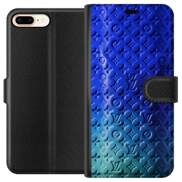 Kompatibel Tegnebogsetui til Apple iPhone 7 Plus Blåt luksuriøst monogrammønster med elegant præget struktur blå