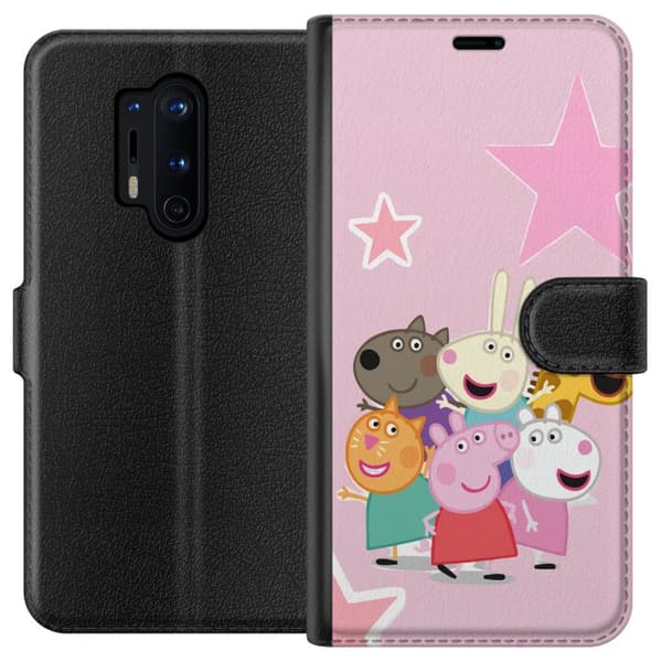 Kompatibel Tegnebogsetui til OnePlus 8 Pro Gurli Gris og venner samlet med stjerner på lyserød baggrund, farverig børneillustration