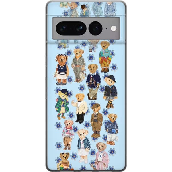 Kompatibel Mobilcover til Google Pixel 7 Pro Søde bamser i trendy tøj med blå blomster blå