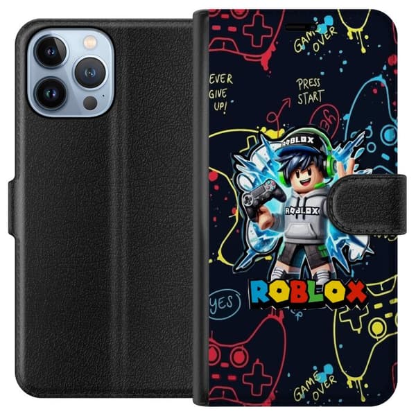 Kompatibel Tegnebogsetui til Apple iPhone 13 Pro Max Gamerfigur med spilcontroller, hovedtelefoner og farverige neonillustrationer sort