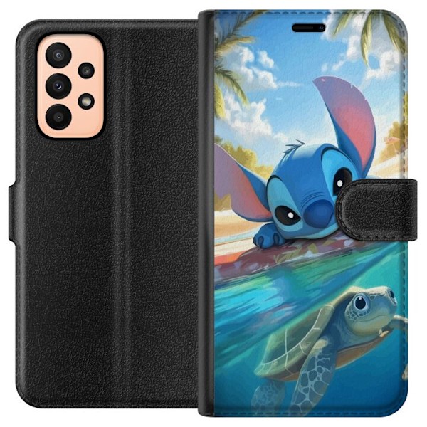 Samsung Galaxy A23 Plånboksfodral Stitch med sköldpadda – söt blå alien i tropisk strandmiljö från Disney
