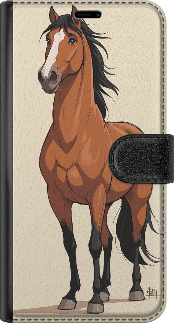 Kompatibel Tegnebogsetui til Apple iPhone 11 Pro Max Illustreret brun hest med sort manke og hvid blis mod lys beige baggrund brun