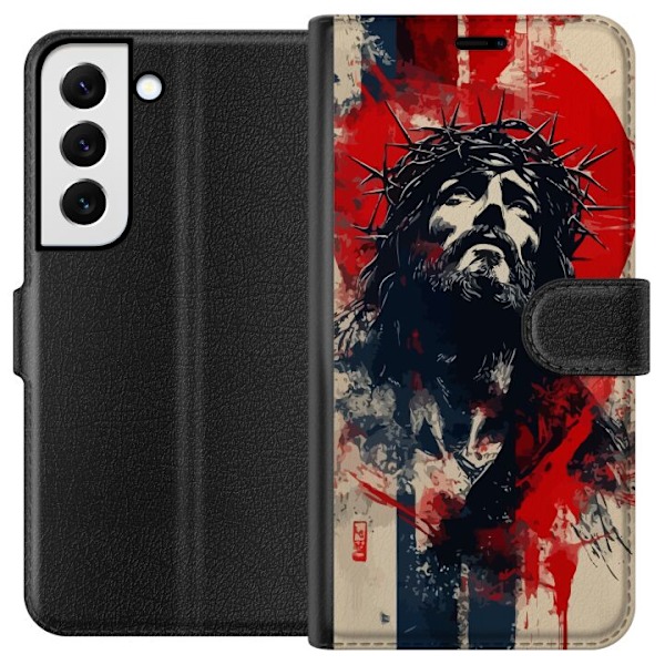 Samsung Galaxy S22+ 5G Lompakkokotelo Jeesus ristillä - kristillinen aihe vahvalla symboliikalla uskosta ja toivosta