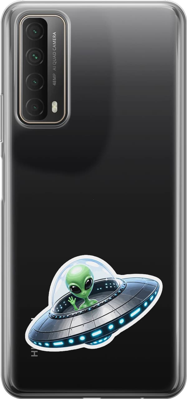 Kompatibelt Mobildeksel til Huawei P smart 2021 Sølvskip - Grått motiv med alien i sølvfarget romskip. grå
