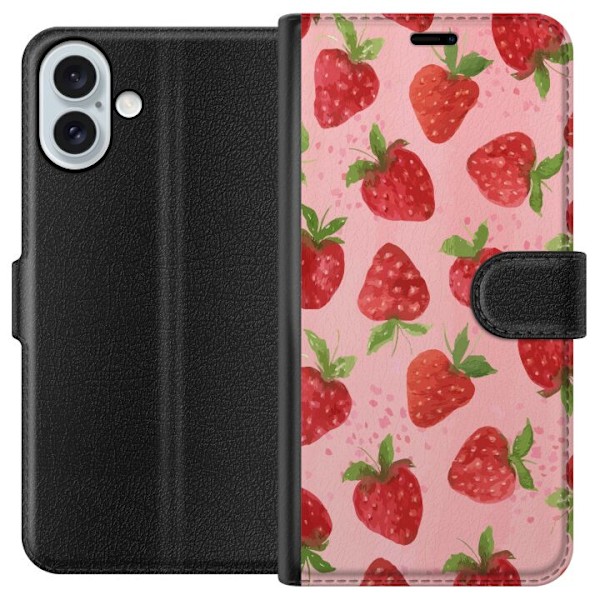Apple iPhone 16 Plus Plånboksfodral Strawberry Dreams – jordgubbsmönster i retrostil