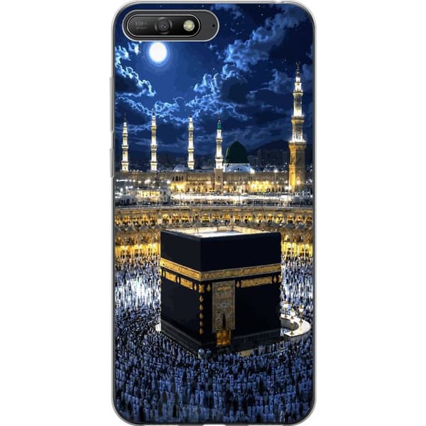 Kompatibelt Mobildeksel til Huawei Y6 (2018) Kaaba under fullmåne med opplyste minareter, stjernehimmel og pilegrimer i Mekka blå