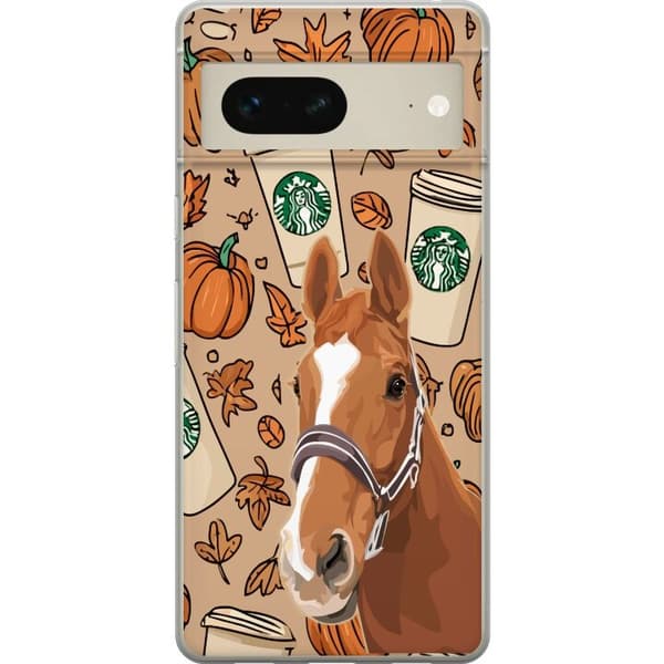 Kompatibelt Mobildeksel til Google Pixel 7 Illustrert hest blant gresskar, kaffekrus og oransje høstløv brun