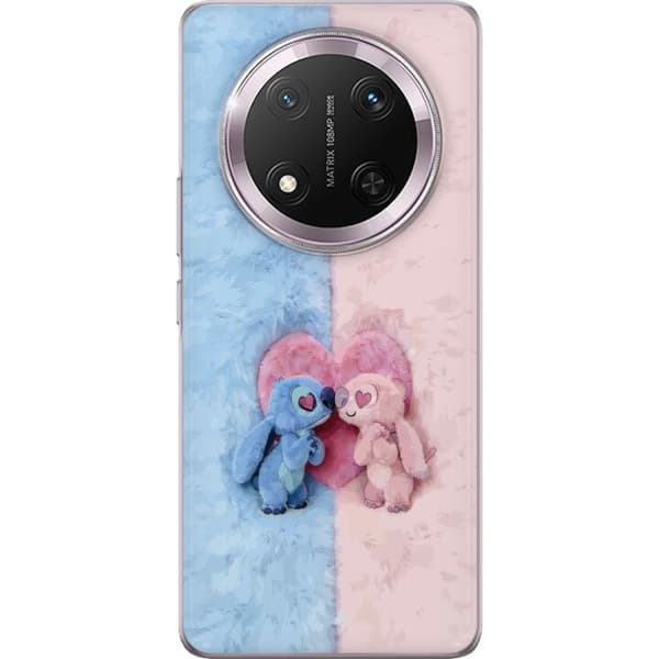 Kompatibel Mobilcover til Honor Magic7 Lite Søde blå og lyserøde figurer foran et stort lyserødt hjerte pink