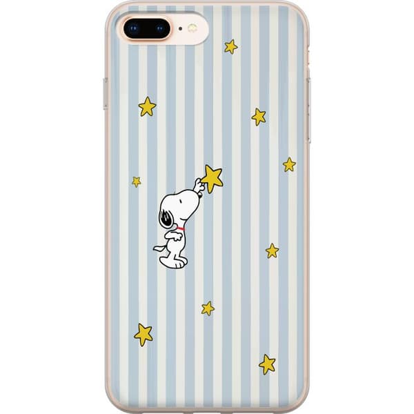 Kompatibelt Mobilskal till Apple iPhone 8 Plus Tecknad vit hund som sträcker sig efter gula stjärnor mot blåvit randig bakgrund blå
