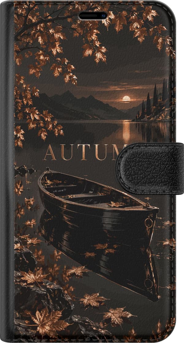 Kompatibel Tegnebogsetui til Apple iPhone 11 Pro Max Mørk efterårssø med robåd, brune blade, bjerge og teksten ”Autumn” brun