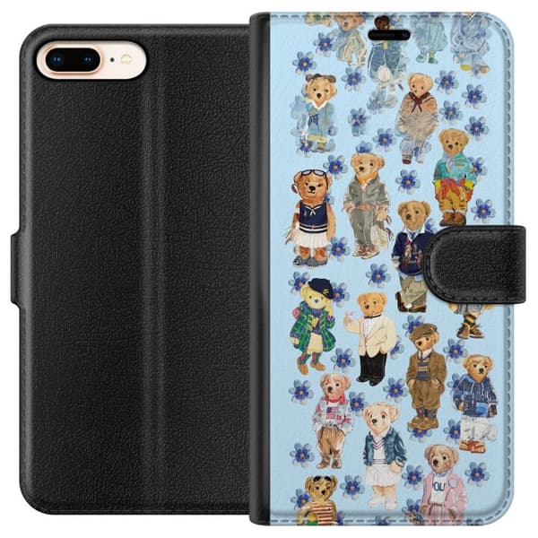 Kompatibel Tegnebogsetui til Apple iPhone 7 Plus Søde bamser i trendy tøj med blå blomster blå