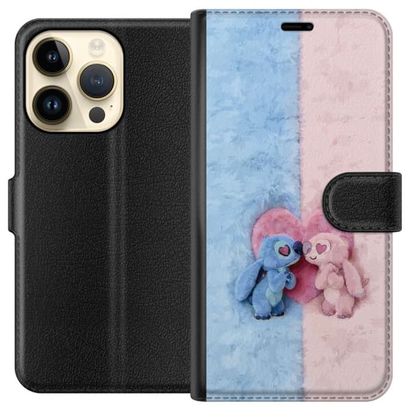 Kompatibel Tegnebogsetui til Apple iPhone 14 Pro Søde blå og lyserøde figurer foran et stort lyserødt hjerte pink