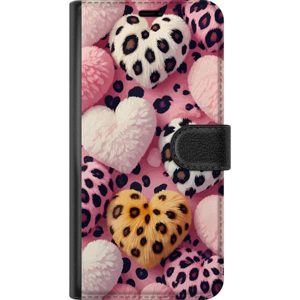 Kompatibel Tegnebogsetui til Apple iPhone 12 Bløde hjerter med leopardmønster i pink, hvid og gul på lyserød baggrund