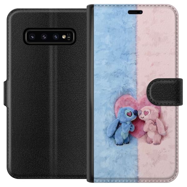 Kompatibel Tegnebogsetui til Samsung Galaxy S10 Søde blå og lyserøde figurer foran et stort lyserødt hjerte pink