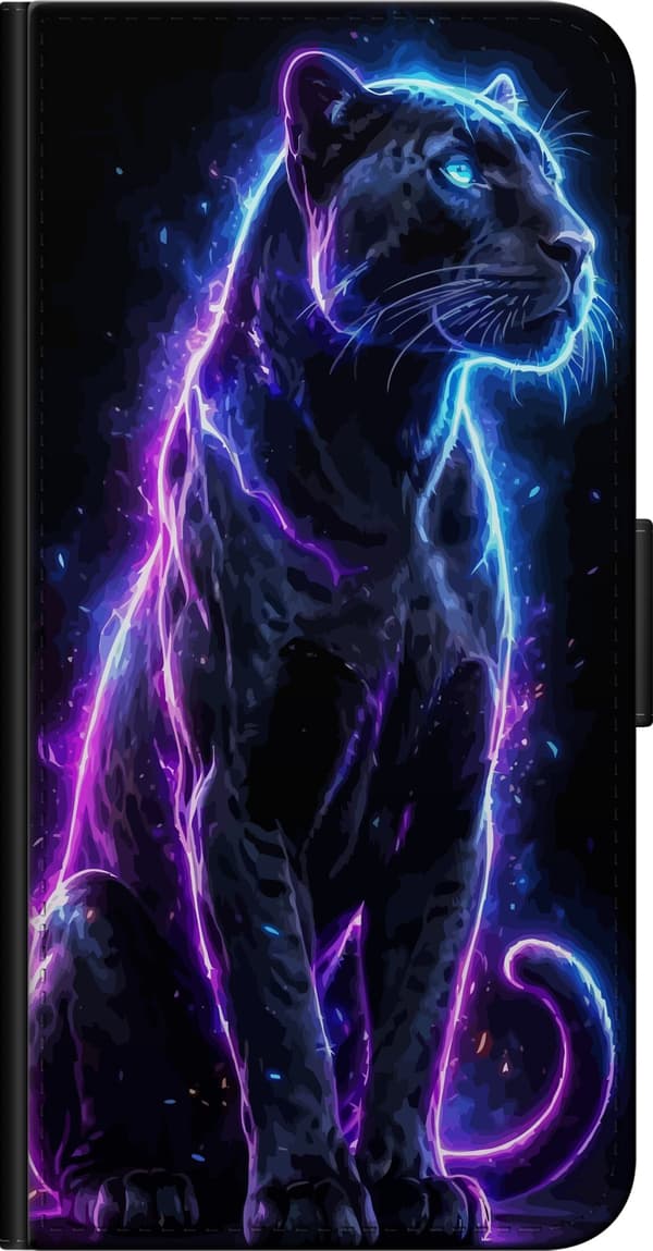Kompatibel Tegnebogsetui til OnePlus 9 Pro Sort panter med blå og lilla neonlinjer mod sort baggrund sort