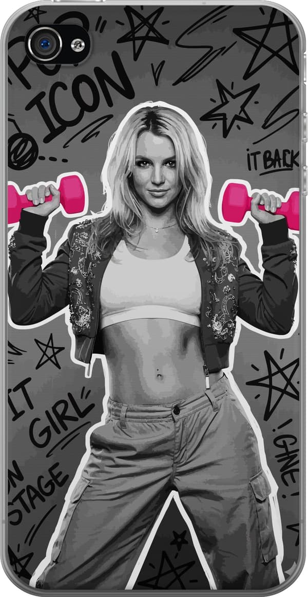 Kompatibel Mobilcover til Apple iPhone 4 Blond popartist i sort-hvid med lyserøde håndvægte og graffiti mod grå baggrund grå