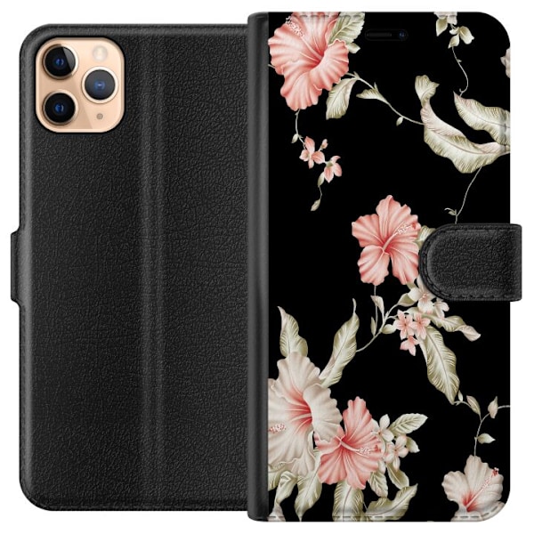 Apple iPhone 11 Pro Max Lompakkokotelo Kukkakuvio Musta