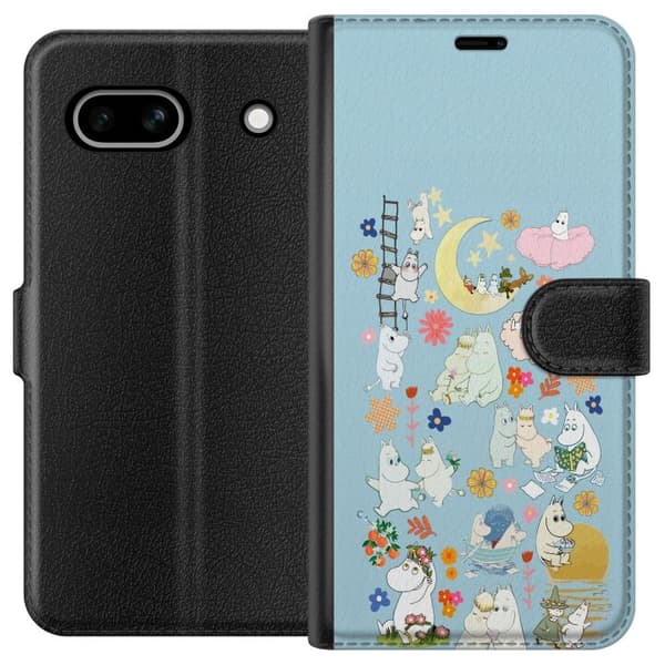 Kompatibel Tegnebogsetui til Google Pixel 7a Mumitrolden og venner blandt blomster måne skyer og farverig illustration blå