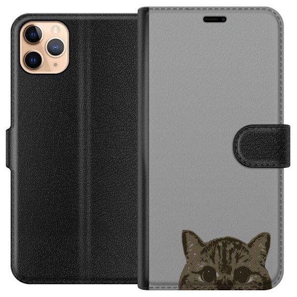 Apple iPhone 11 Pro Max Plånboksfodral Grå Kattblick – stilren kattdesign med grå bakgrund