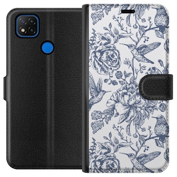 Xiaomi Redmi 9C Tegnebogsetui Blomster & Fugle - Romantisk Vin