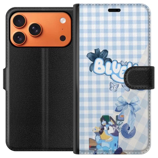 Kompatibel Tegnebogsetui til Apple iPhone 17 Pro Max Bluey med blå sløjfe og ternet baggrund blå