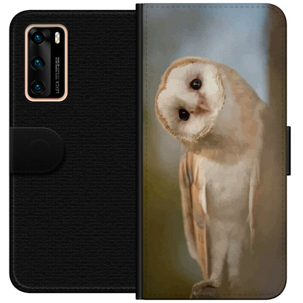 Huawei P40 Plånboksfodral Uggla Nyfiken Blick Fågelmotiv Skog Natur Grafiskt Design Populärt Motiv Djur Tema Dekoration
