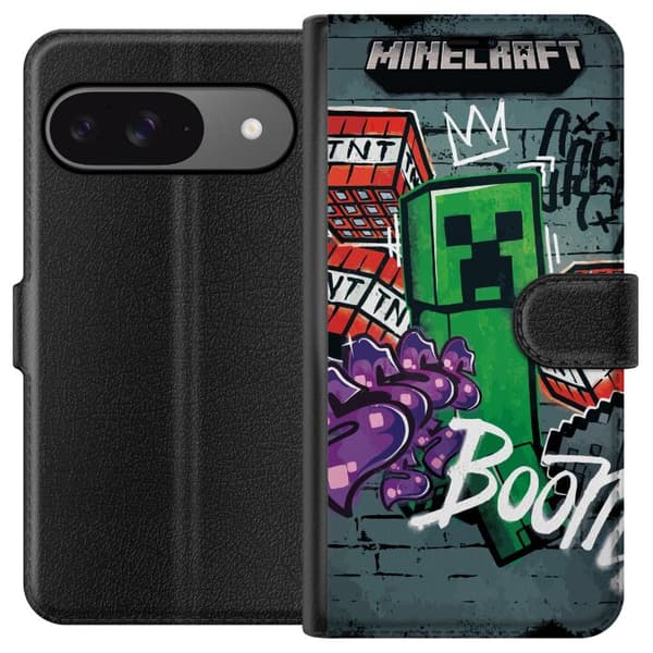 Kompatibelt Plånboksfodral till Google Pixel 9 Pro Grön blockfigur med dynamit, graffitidetaljer och mörk urban bakgrund grön