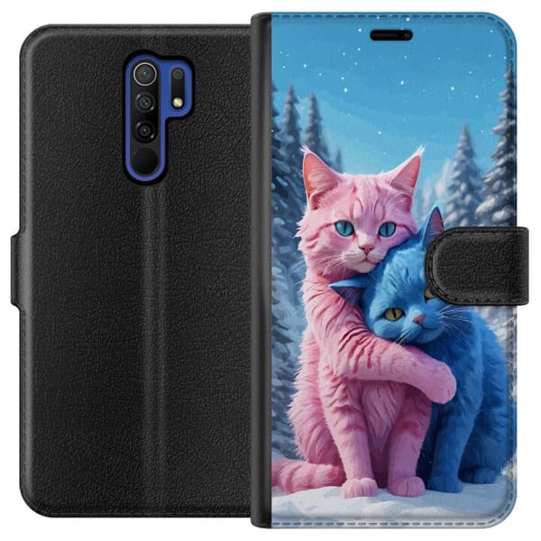 Kompatibel Tegnebogsetui til Xiaomi Redmi 9 Søde lyserøde og blå katte, der krammer i sneklædt vinterlandskab blå