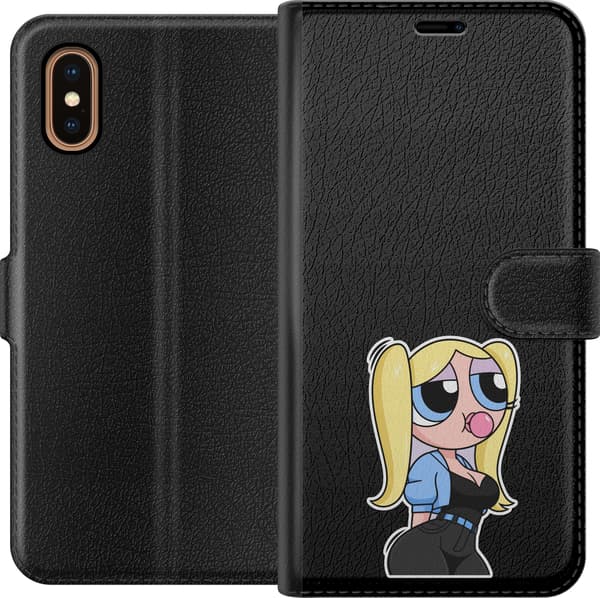 Kompatibel Tegnebogsetui til Apple iPhone XS Max Blå skjortefigur - Sort motiv med blond figur med blå skjorte. sort