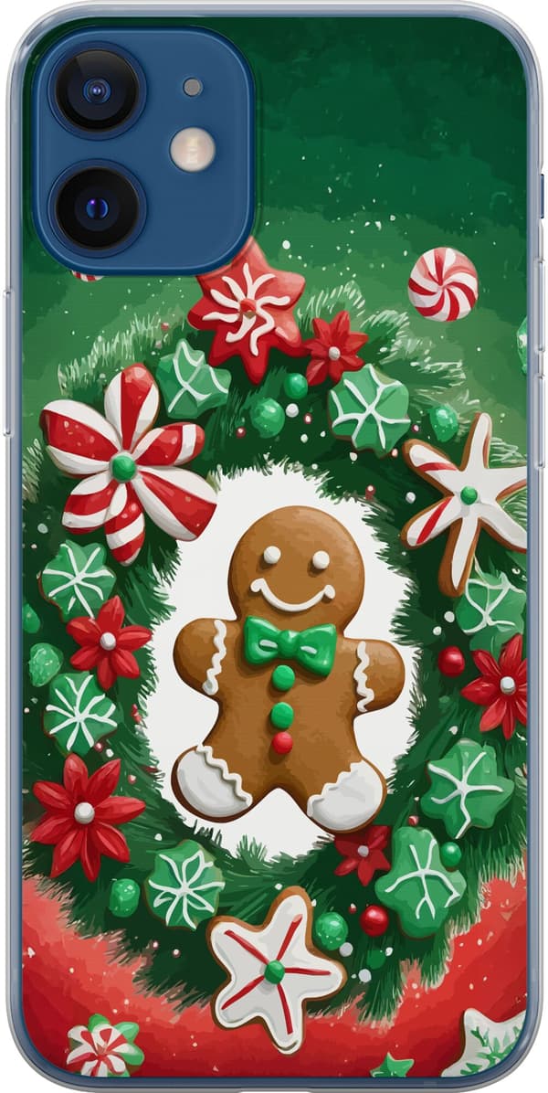 Kompatibelt Mobildeksel til Apple iPhone 12 mini Gingerbread Joy julemotiv med pepperkakemann og dekorert krans