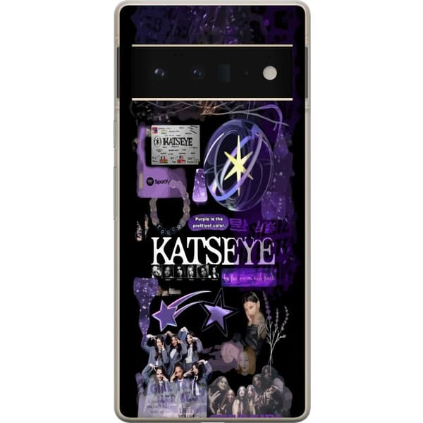 Kompatibelt Mobildeksel til Google Pixel 6 Pro KATSEYE i lilla collage med gruppebilder, stjerner, logo og glitrende nostalgiske detaljer lila