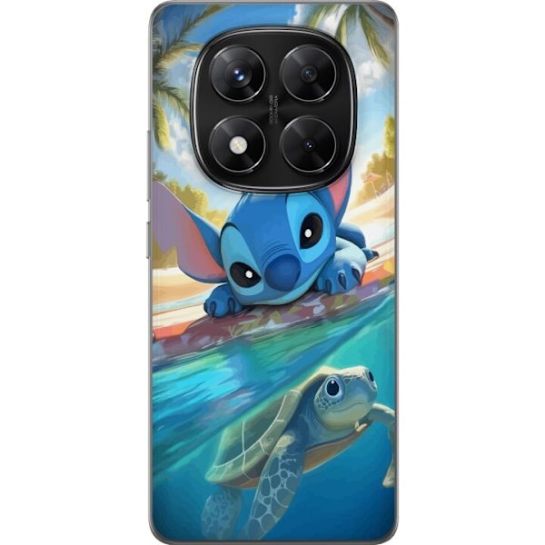Xiaomi Redmi Note 14 Pro Läpinäkyvä kuori Stitch kilpikonnalla - söpö sininen avaruusolento trooppisessa rantaympäristössä Disneyn tapaan