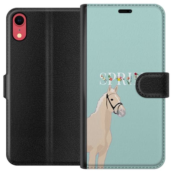Kompatibel Tegnebogsetui til Apple iPhone XR Lys hest med blomster og teksten "Spring" på mintgrøn baggrund grøn