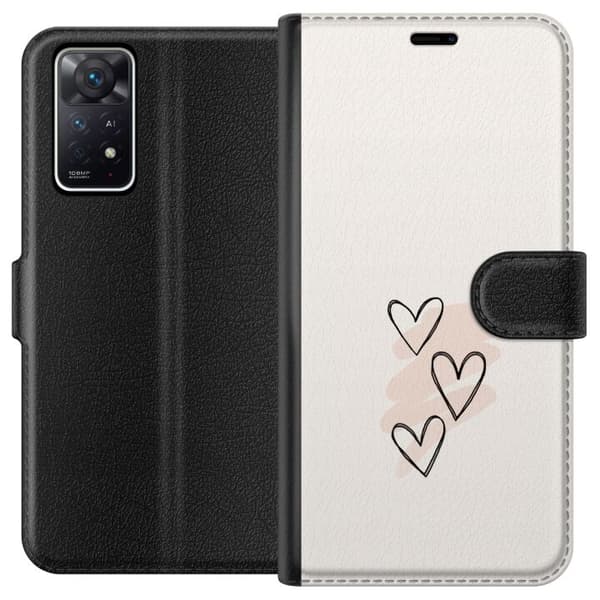 Kompatibel Tegnebogsetui til Xiaomi Redmi Note 11 Pro 5G Tre håndtegnede sorte hjerter med lyserøde penselstrøg på lys baggrund, romantisk motiv beige
