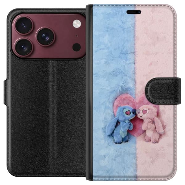 Kompatibel Tegnebogsetui til Apple iPhone 18 Pro Max Søde blå og lyserøde figurer foran et stort lyserødt hjerte pink