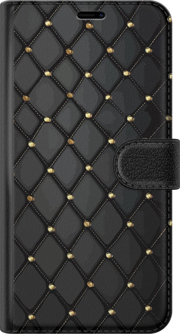 Kompatibel Tegnebogsetui til Apple iPhone 12 Sort diamantformet ternet mønster med guldfarvede knapper og syningsdetaljer, elegant geometrisk design sort