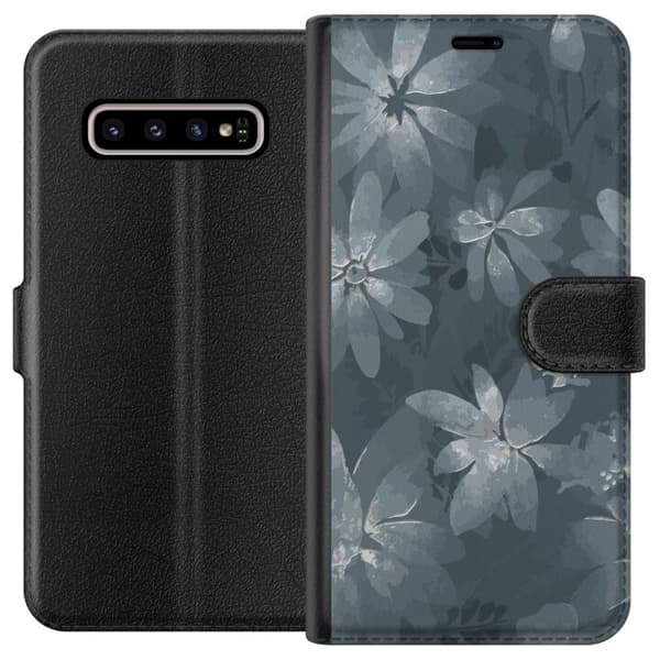 Kompatibelt Lommeboketui til Samsung Galaxy S10+ Blomster Grå / Blå
