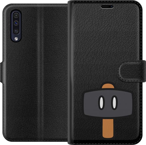 Kompatibel Tegnebogsetui til Samsung Galaxy A50 Sort spillehammer - Sort motiv med sort hammer. sort