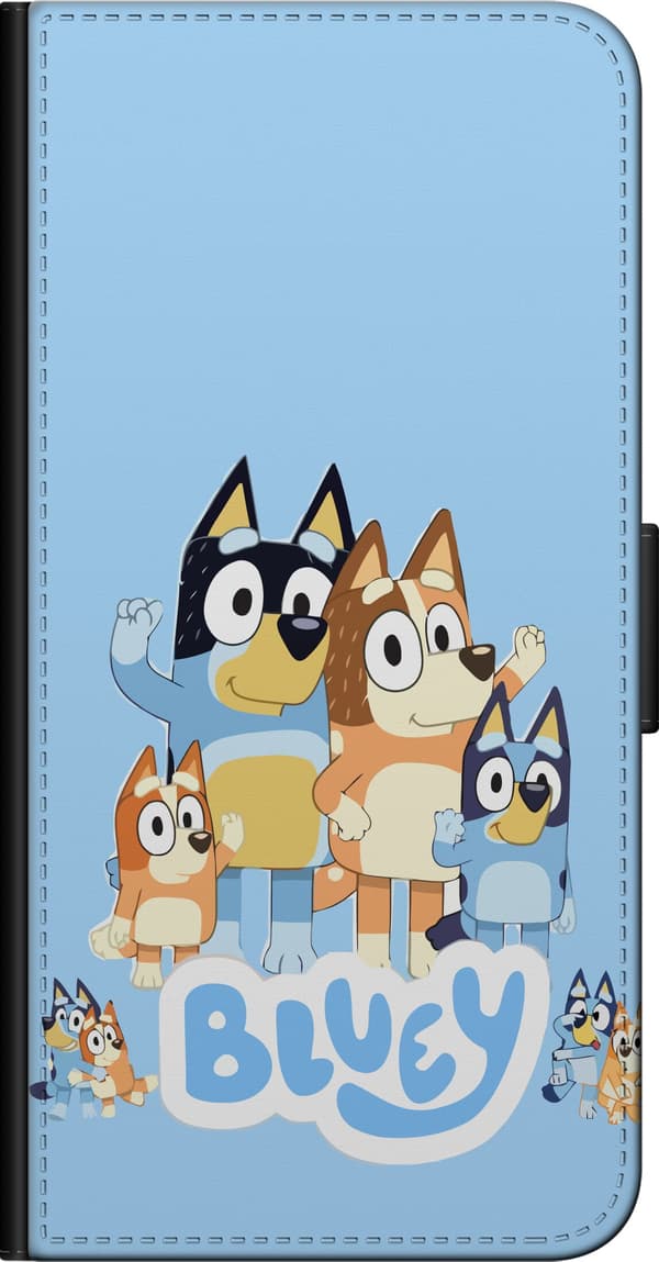 Kompatibel Tegnebogsetui til OnePlus 9 Pro Bluey og hundefamilien sammen på lyseblå baggrund blå