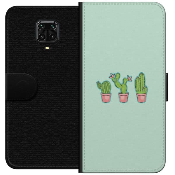 Kompatibel Tegnebogsetui til Xiaomi Redmi Note 9 Pro Tre illustrerede grønne kaktusser i lyserøde potter mod mintgrøn baggrund grøn