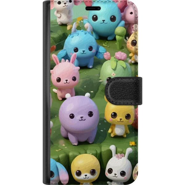 Kompatibel Tegnebogsetui til Apple iPhone 12 mini Kawaii-dyr i pasteldesign – søde figurer på en grøn eng, farverigt og legende design til børn og un