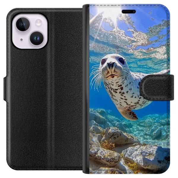 Apple iPhone 15 Plus Plånboksfodral Säl Hav Simmande Djurmotiv Natur Vattenmotiv Blå Design Marint Tema Populärt Motiv Djurliv
