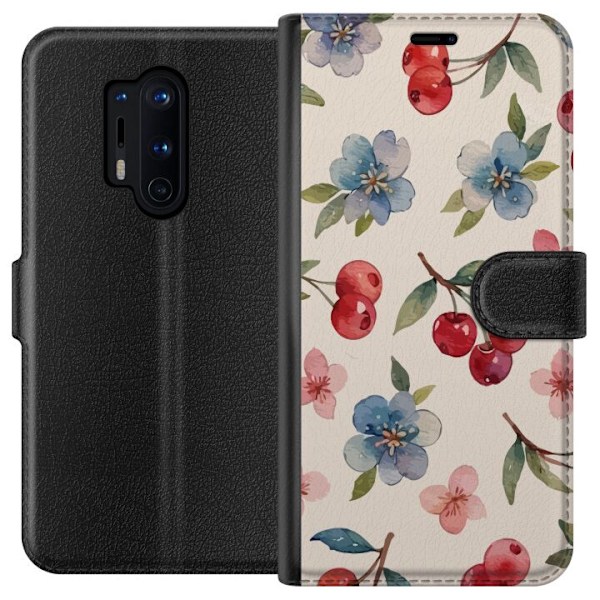 OnePlus 8 Pro Tegnebogsetui Bær & Blomster - mønster med bl