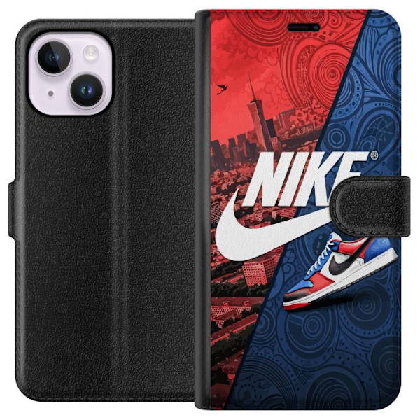 Apple iPhone 15 Plus Tegnebogsetui  Nike Logo Rød Blå Sneakers Stil Sport Mode Populært Swoosh Motiv Træningstøj Grafisk Ikon