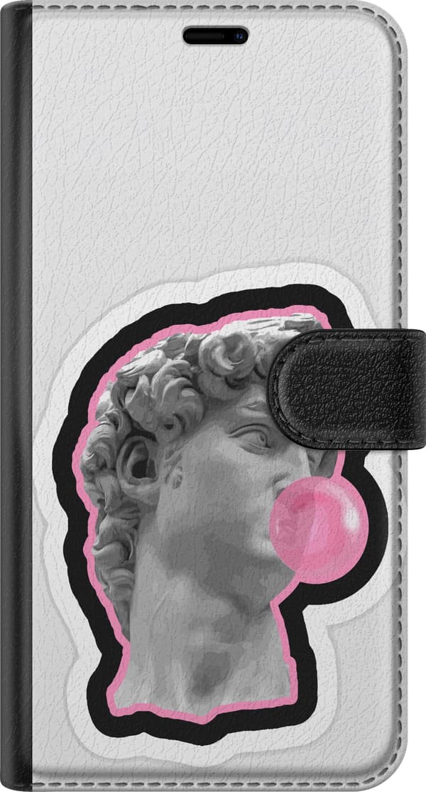 Kompatibelt Plånboksfodral till Apple iPhone 17 Pro Davidstaty med rosa tuggummibubbla, trendigt konstmotiv i grått och rosa grå