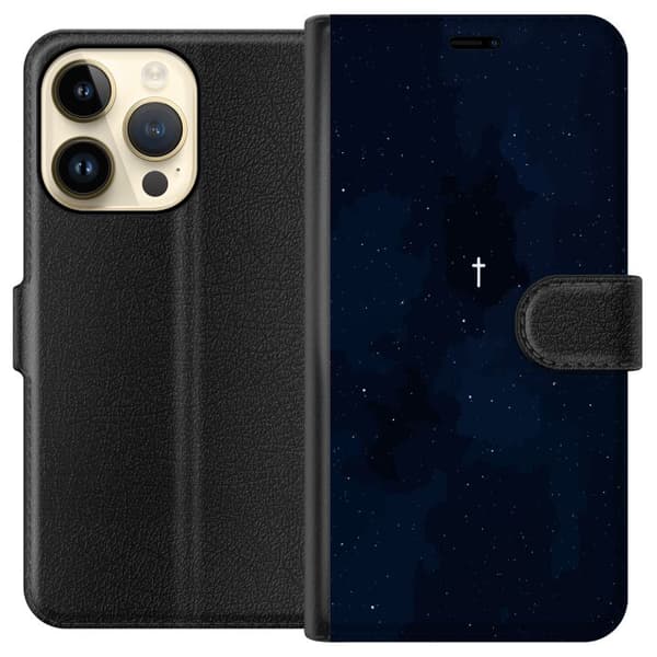 Kompatibel Tegnebogsetui til Apple iPhone 15 Pro Vitt kors på stjärnhimmel blå