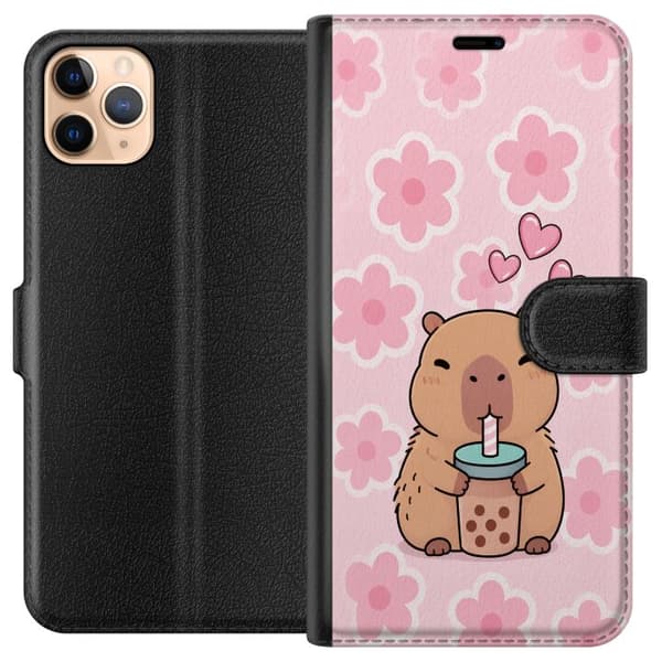Kompatibel Tegnebogsetui til Apple iPhone 11 Pro Max Sød tegnet kapybara, der drikker bubble tea blandt lyserøde blomster og skinnende hjerter på lys pink