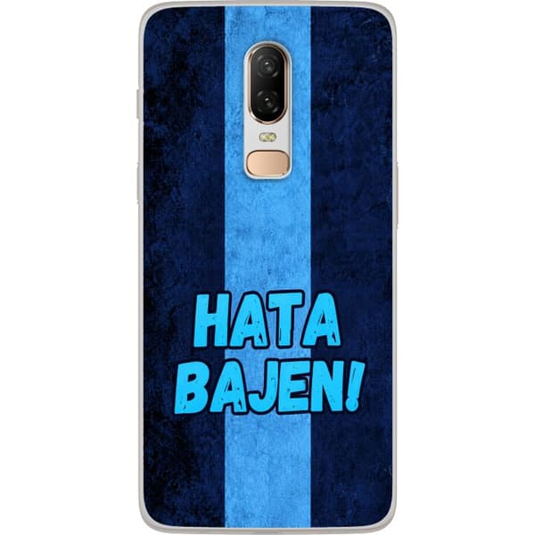 Kompatibelt Mobildeksel til OnePlus 6 Blå motstanderslogan - Stor lyseblå supporterslogan over loddrette blå striper blå